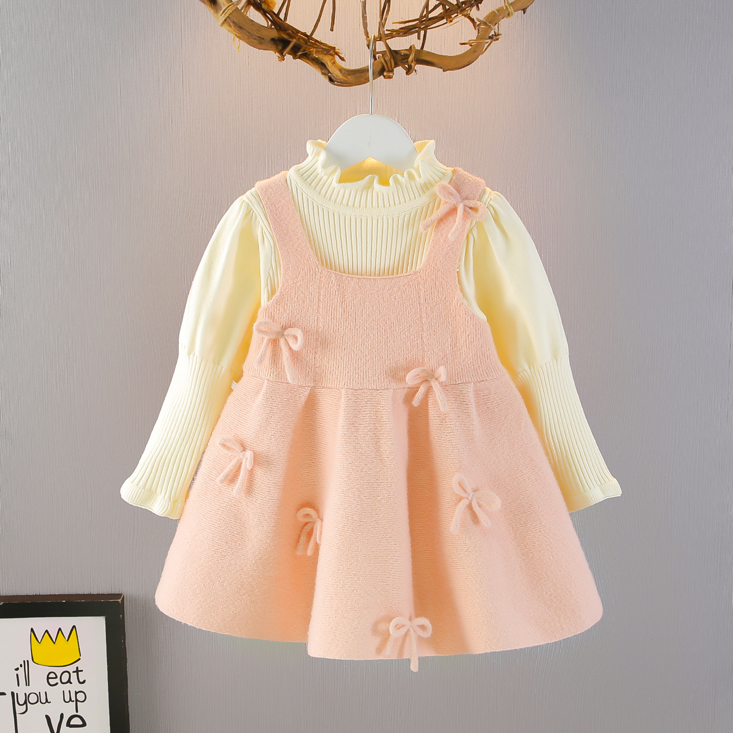 女童针织套装裙毛衣公主裙秋冬女宝宝生日周岁礼服蝴蝶结真两件套