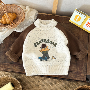 男童加绒一体绒毛衣儿童韩版卡通针织打底衫上衣男宝宝保暖毛线衣