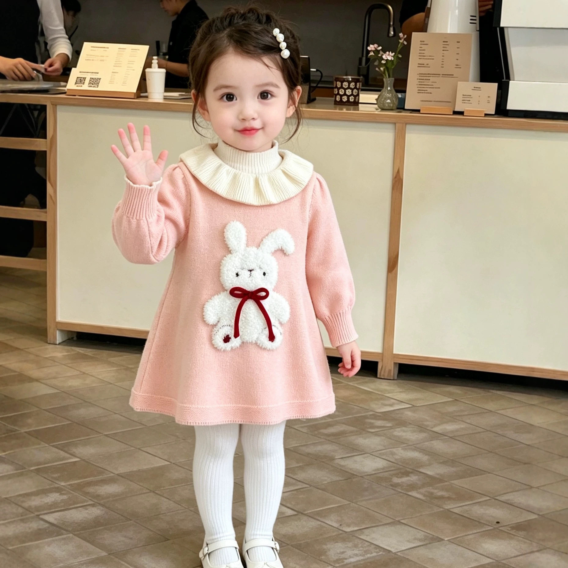 女宝宝针织连衣裙荷叶领可爱卡通兔子毛衣裙婴幼儿喜庆拜年公主裙