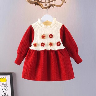 女童秋冬装连衣裙2025新款儿童花朵女孩毛衣针织衫花边领公主裙子
