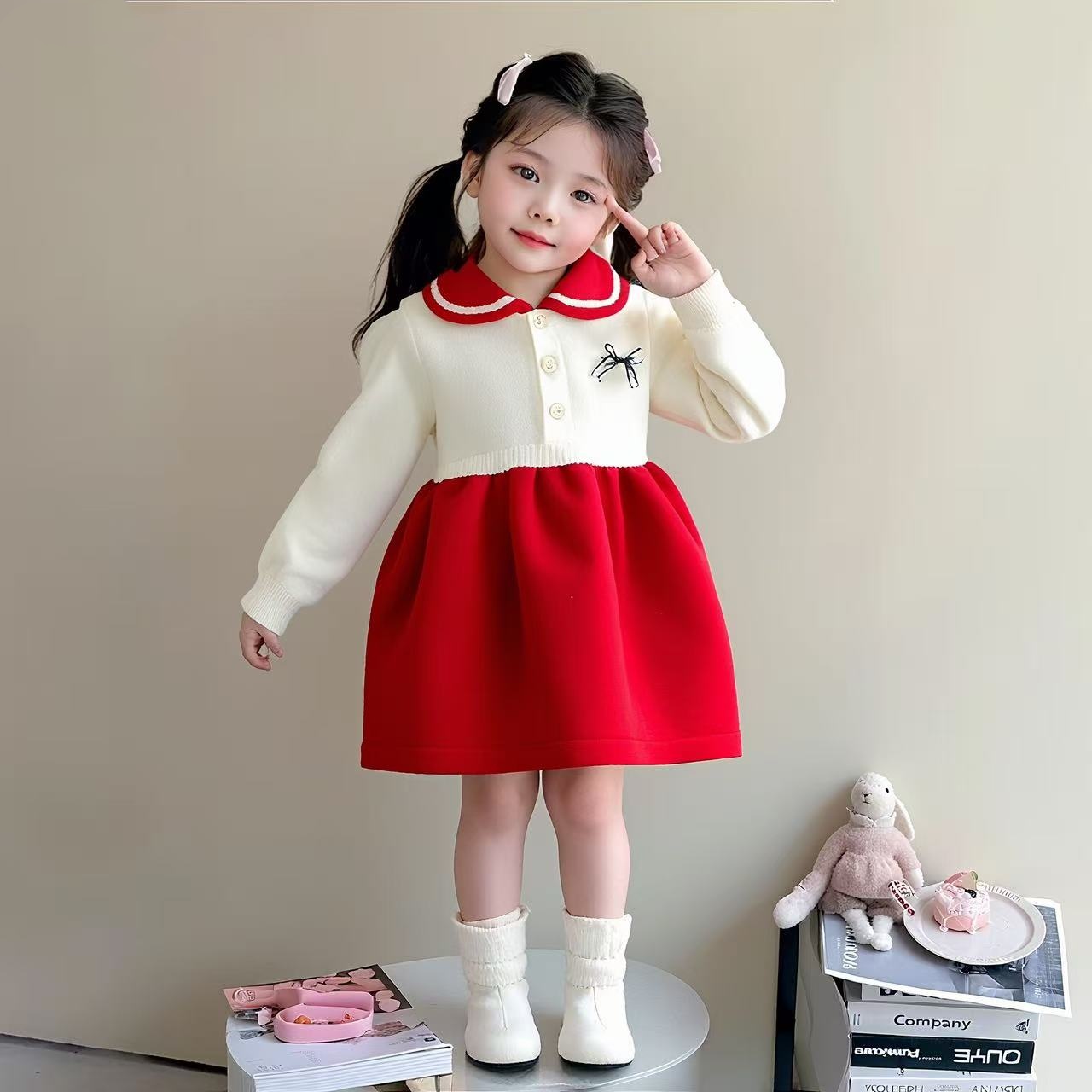 女童拼色针织连衣裙子网红洋气儿童春秋装毛衣裙女宝宝礼服公主裙