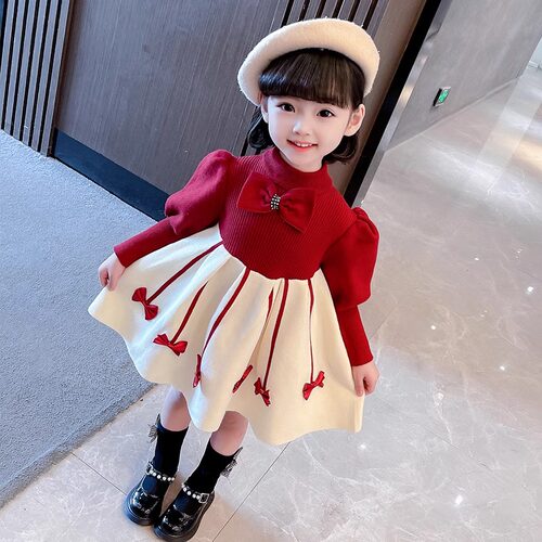 儿童针织衫毛衣裙子蝴蝶结公主裙