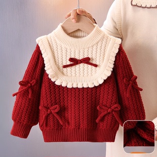 女童针织衫毛衣秋冬季中小童洋气花边内搭打底衫宝宝百搭加绒上衣