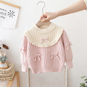 女孩秋冬上衣 洋气儿童蝴蝶结花边针织衫 女童加绒毛衣冬装 2025新款