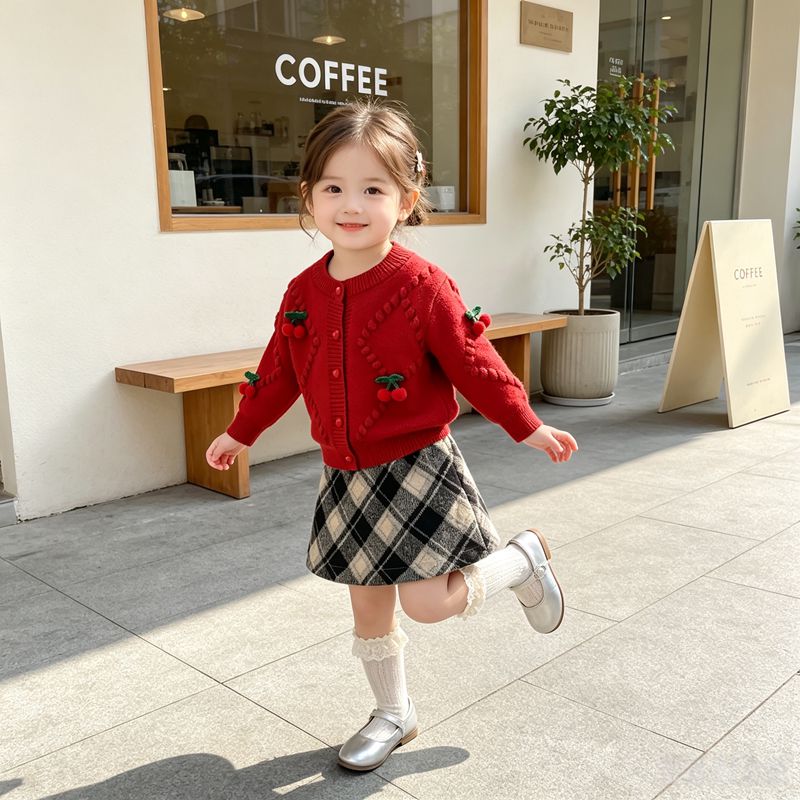 女童秋季樱桃装饰针织开衫两件套