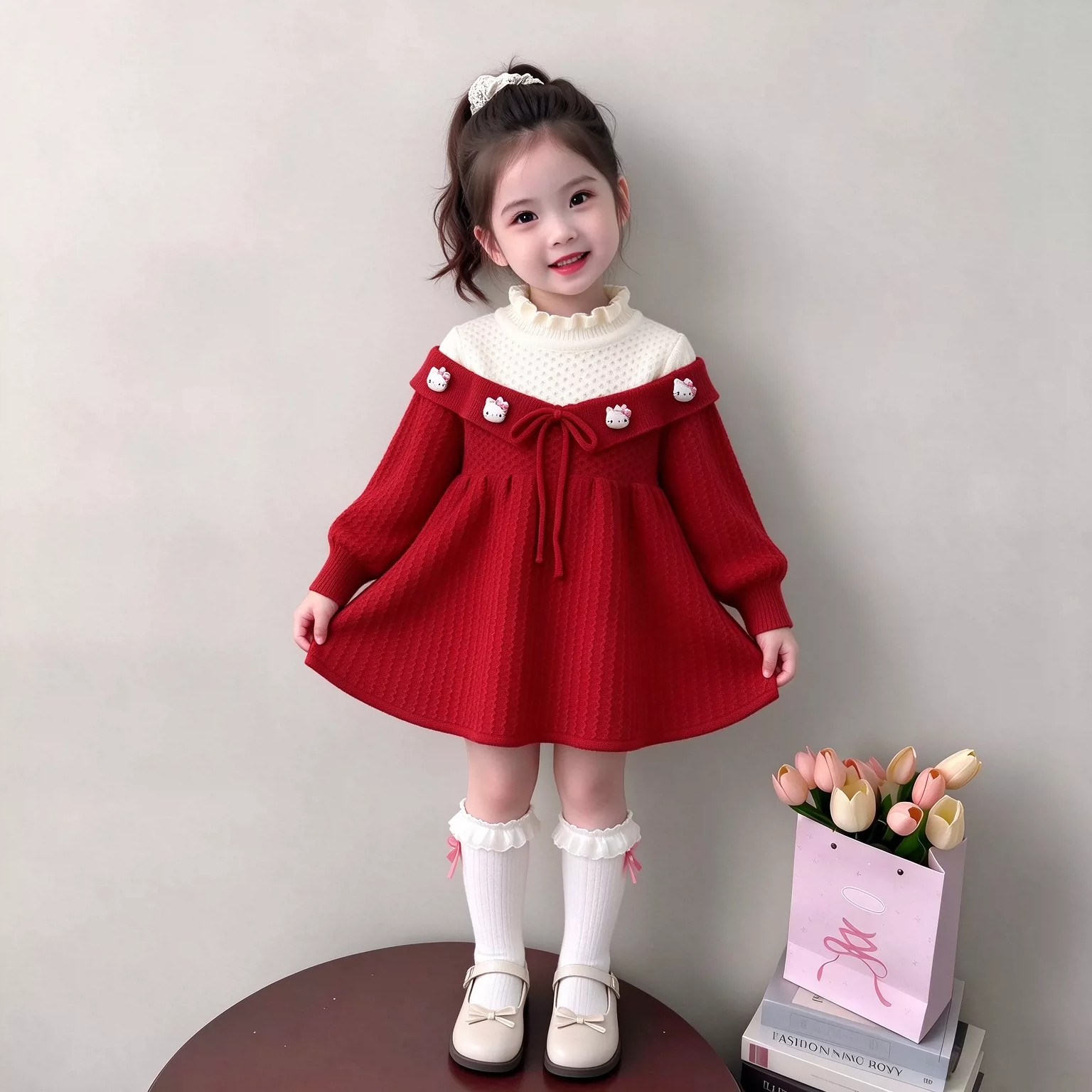 女童洋气长袖线衣春秋季针织衫毛衣裙子女宝宝新款公主卡通连衣裙