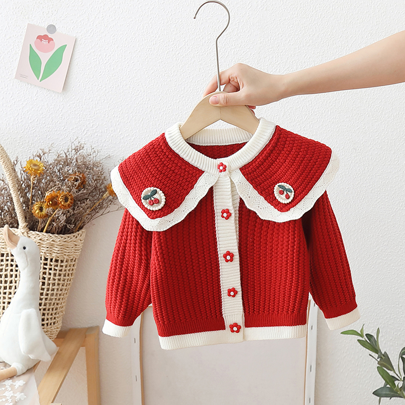 女童针织衫开衫秋冬装2025新款儿童洋气上衣女孩时髦翻领毛衣外套