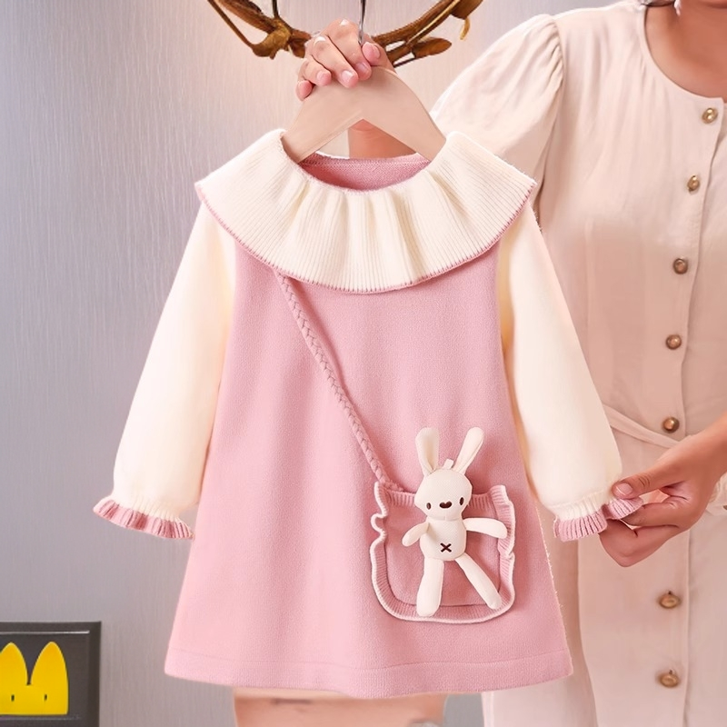女童卡通兔子针织衫春秋季新款洋气小女孩毛衣裙女宝宝秋装连衣裙