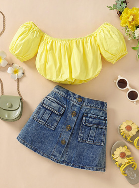 外贸跨境儿童装夏季衣服女童短袖抹胸黄色上衣+牛仔短裙洋气套装