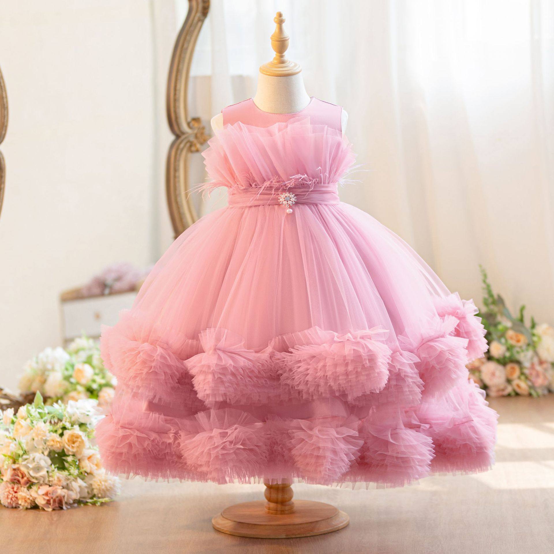 儿童周岁礼服生日派对无袖连衣裙夏季女童背心裙子网纱蓬蓬公主裙