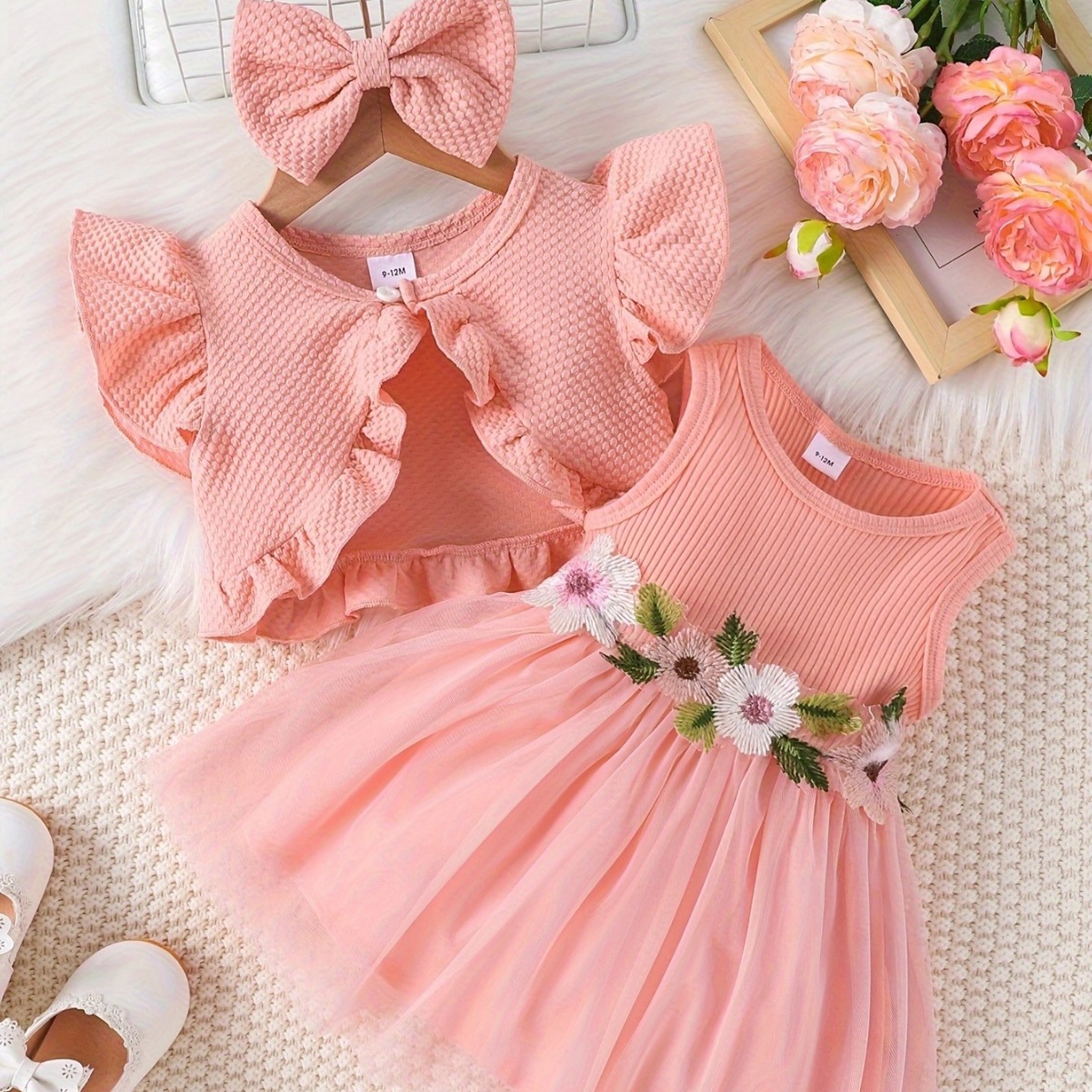 外贸婴幼儿衣服女童小宝宝夏季背心上衣外套+背心网纱连衣裙套装