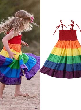 外贸出口女童衣服彩虹色连衣裙