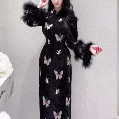 画报夫人新中式黑色长袖旗袍冬装