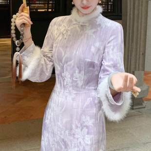 长袖 凌茜新中式 加厚改良年轻款 2025新款 连衣裙 紫色丝绒旗袍冬装