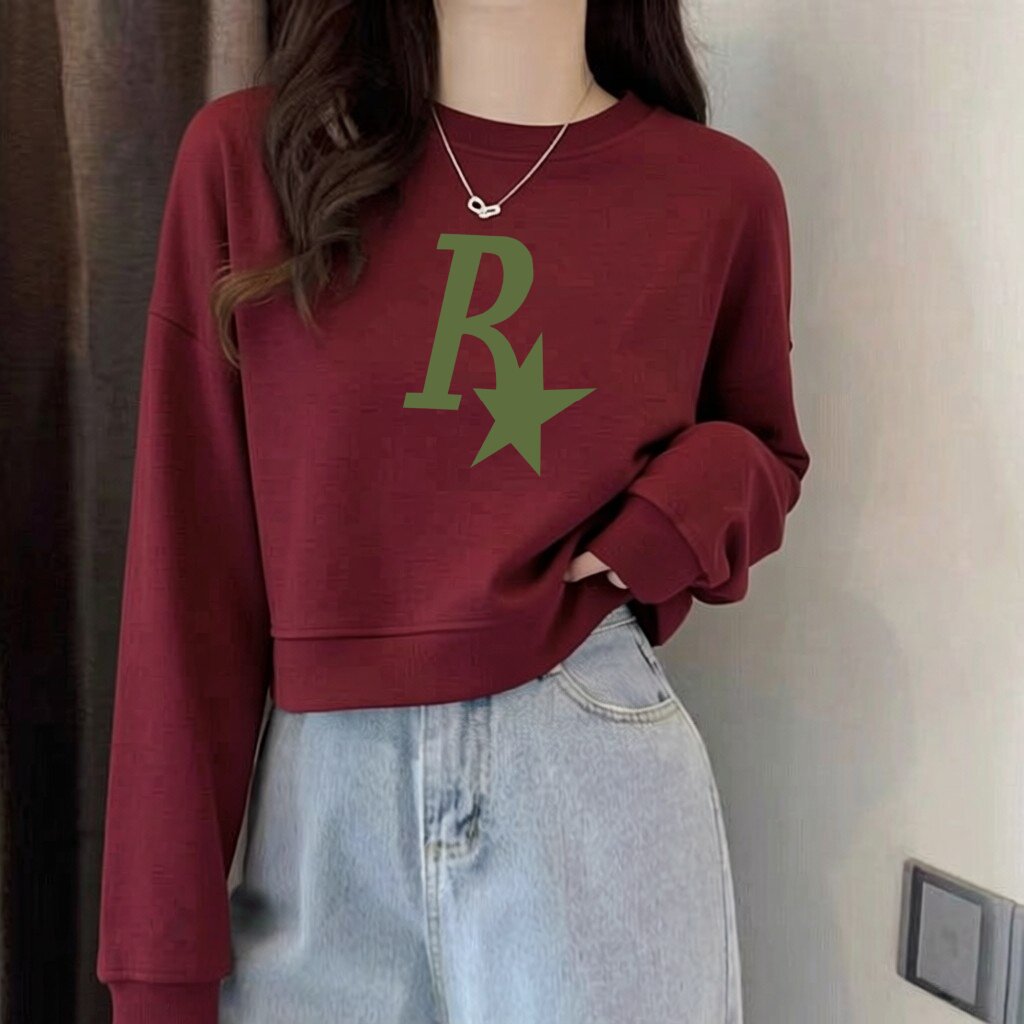 学院风酒红纯棉短款卫衣女百搭