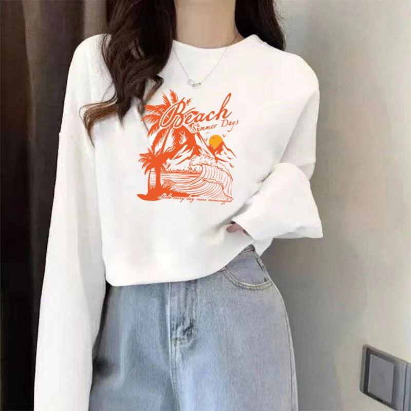 纯棉毛圈休闲风印花短款卫衣女白色圆领套头长袖宽松薄款上衣春秋