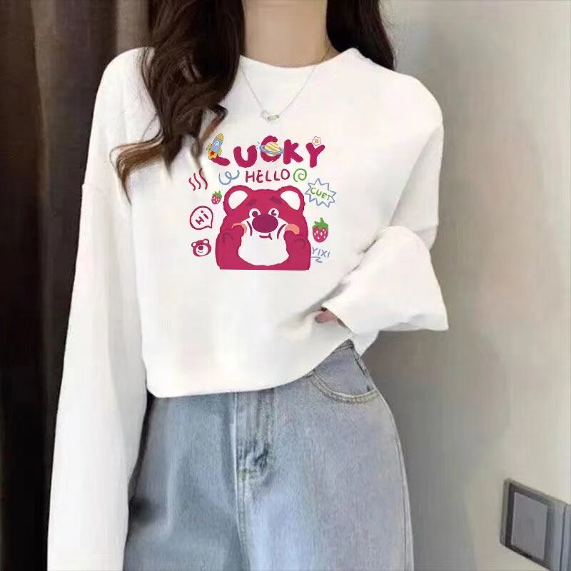 纯棉春秋韩式休闲风薄款宽松圆领长袖卫衣女白色卡通印花套头上衣