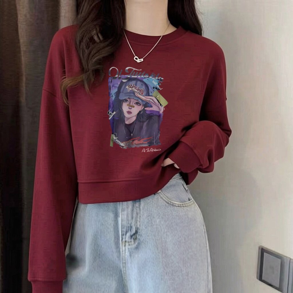 纯棉毛圈美式卡通风印花卫衣女薄款短款宽松长袖百搭上衣本命年