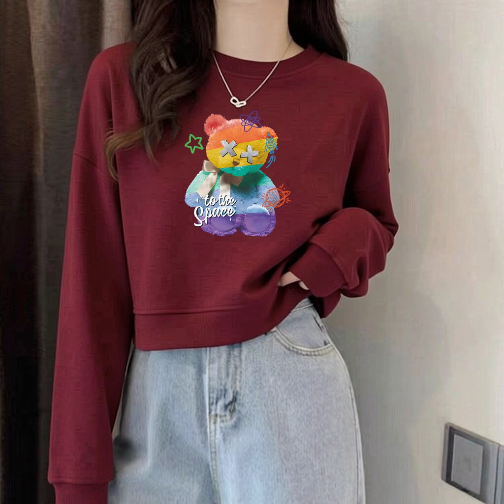 纯棉卡通印花小熊卫衣女秋季新款酒红色圆领短款宽松小个子上衣