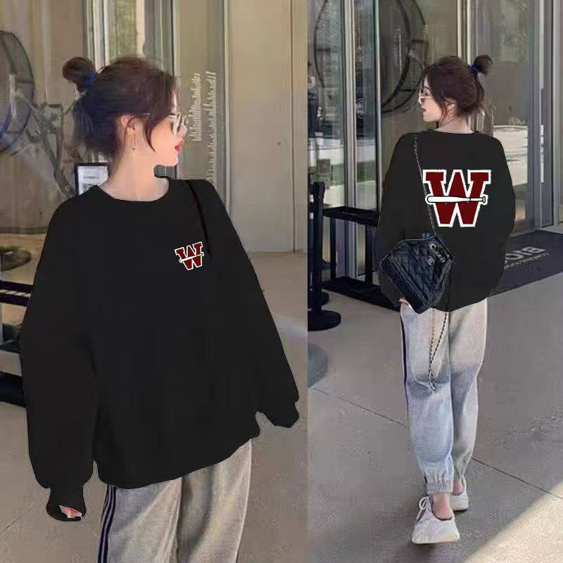 毛线圈棉长款卫衣女宽松春秋薄款长袖圆领套头时尚W字母上衣纯棉