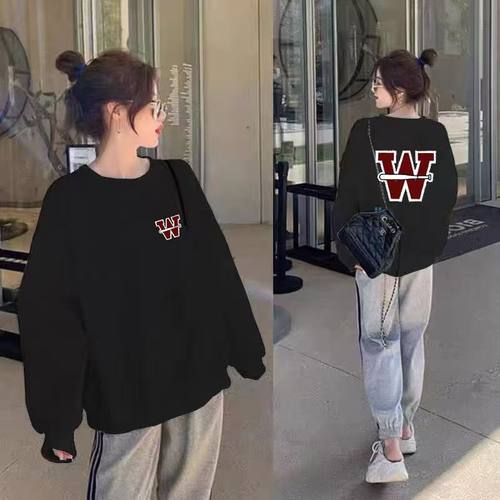 毛线圈棉长款卫衣女宽松春秋薄款长袖圆领套头时尚W字母上衣纯棉