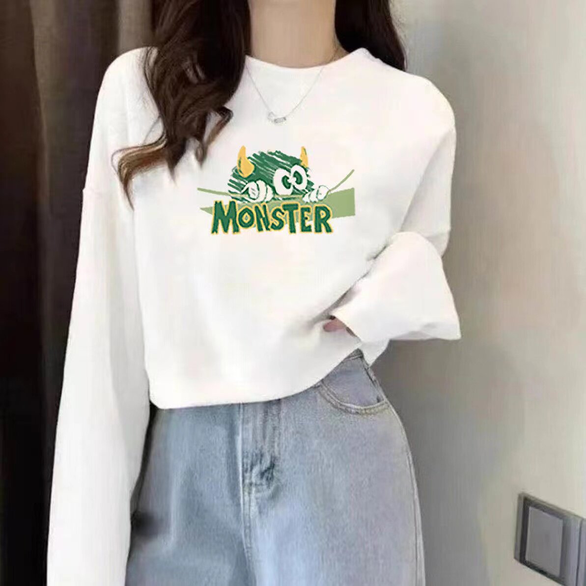 纯棉毛圈短款卫衣女新款洋气印花套头宽松薄款长袖上衣小个子时尚