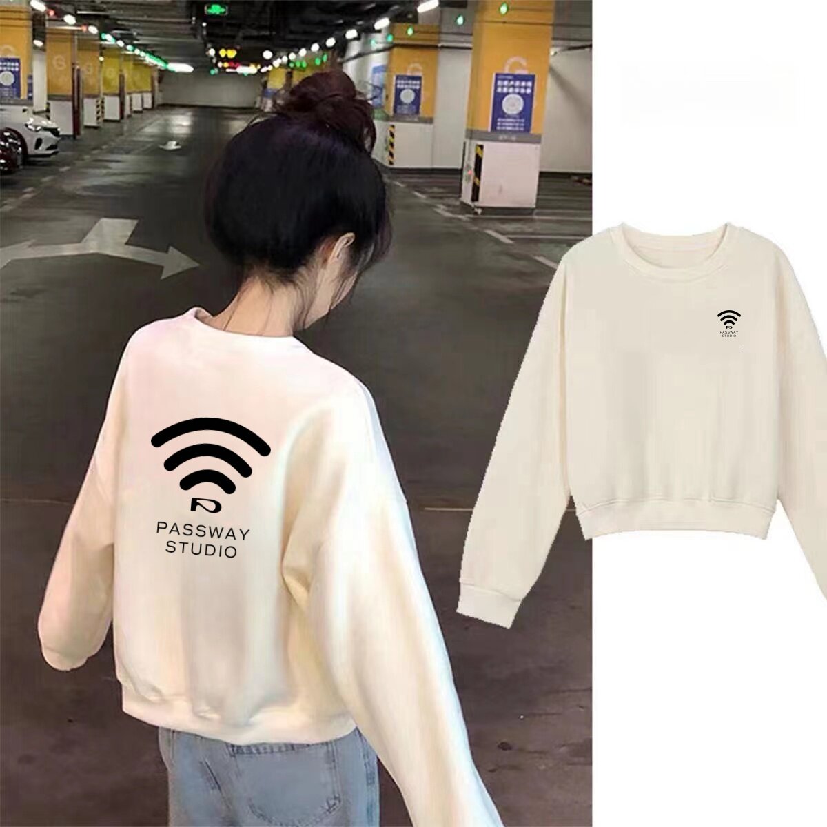 纯棉毛圈休闲风圆领短款卫衣女宽松印花长袖上衣薄款套头显瘦潮牌