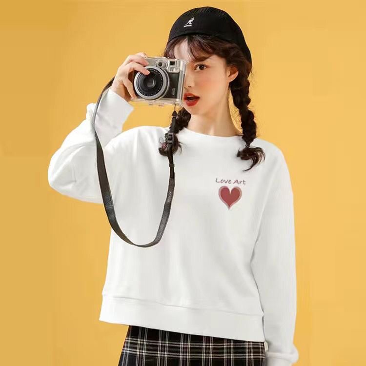 毛圈棉短款韩版爱心印花卫衣女宽松圆领套头长袖上衣休闲白色薄款