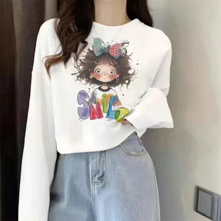纯棉小个子甜美风卡通印花卫衣女薄款宽松圆领长袖套头百搭上衣