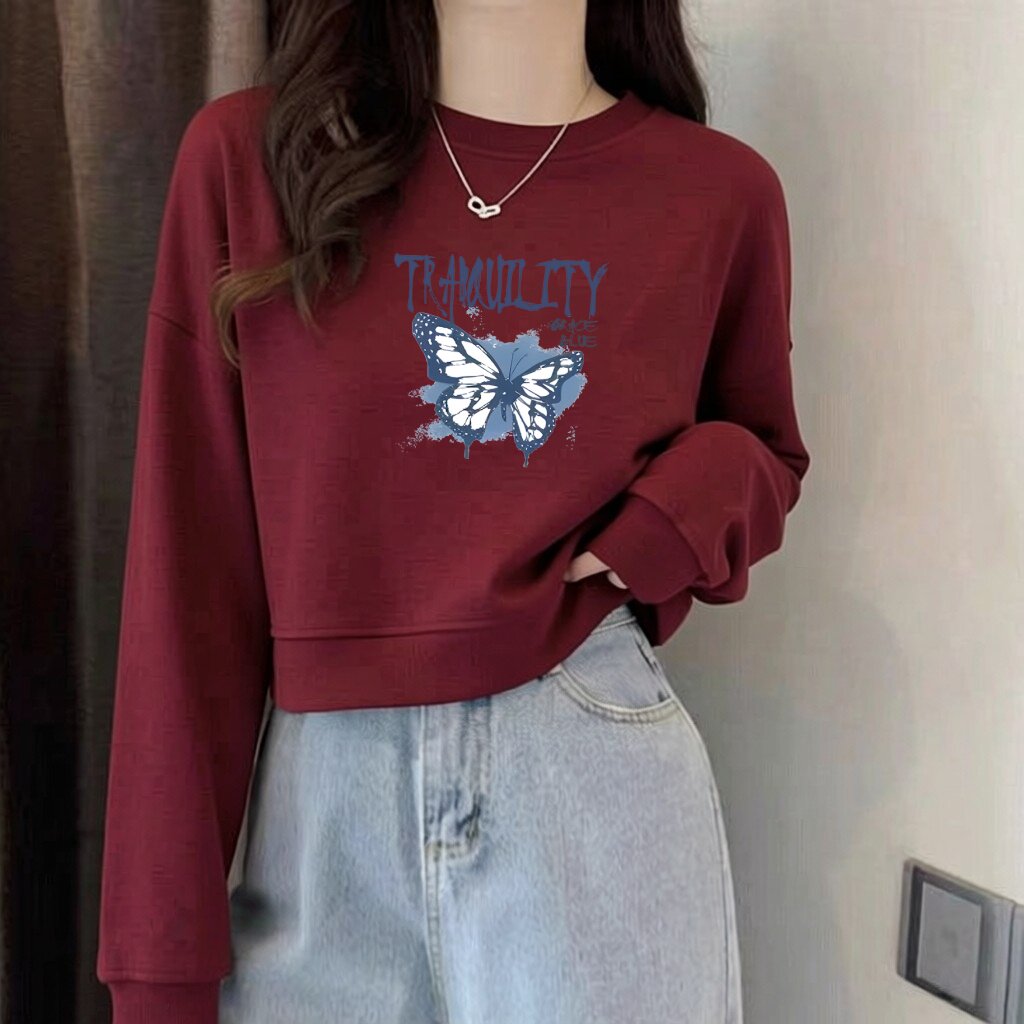纯棉酒红蝴蝶宽松短款女卫衣