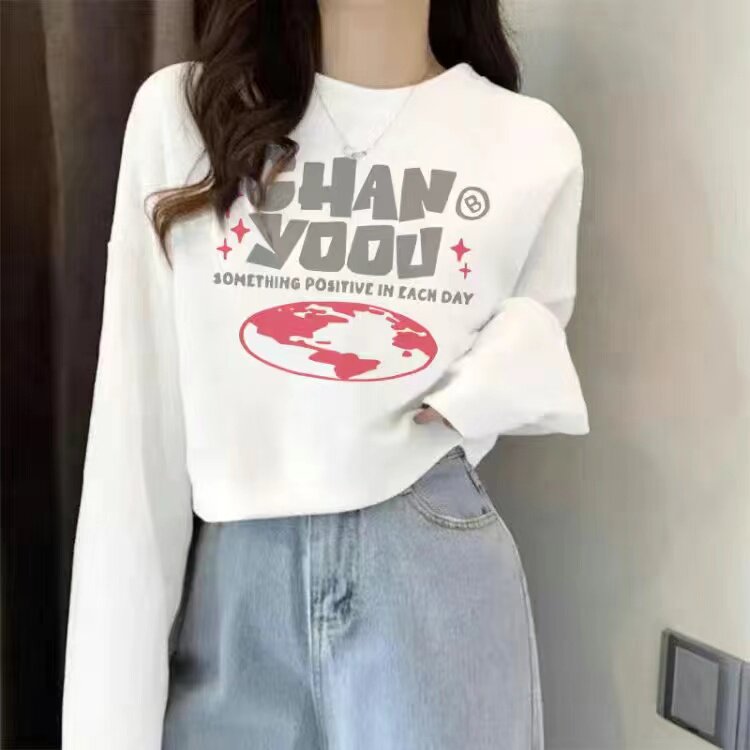 毛圈纯棉春秋韩式休闲风宽松印花卫衣女长袖圆领套头短款显瘦上衣