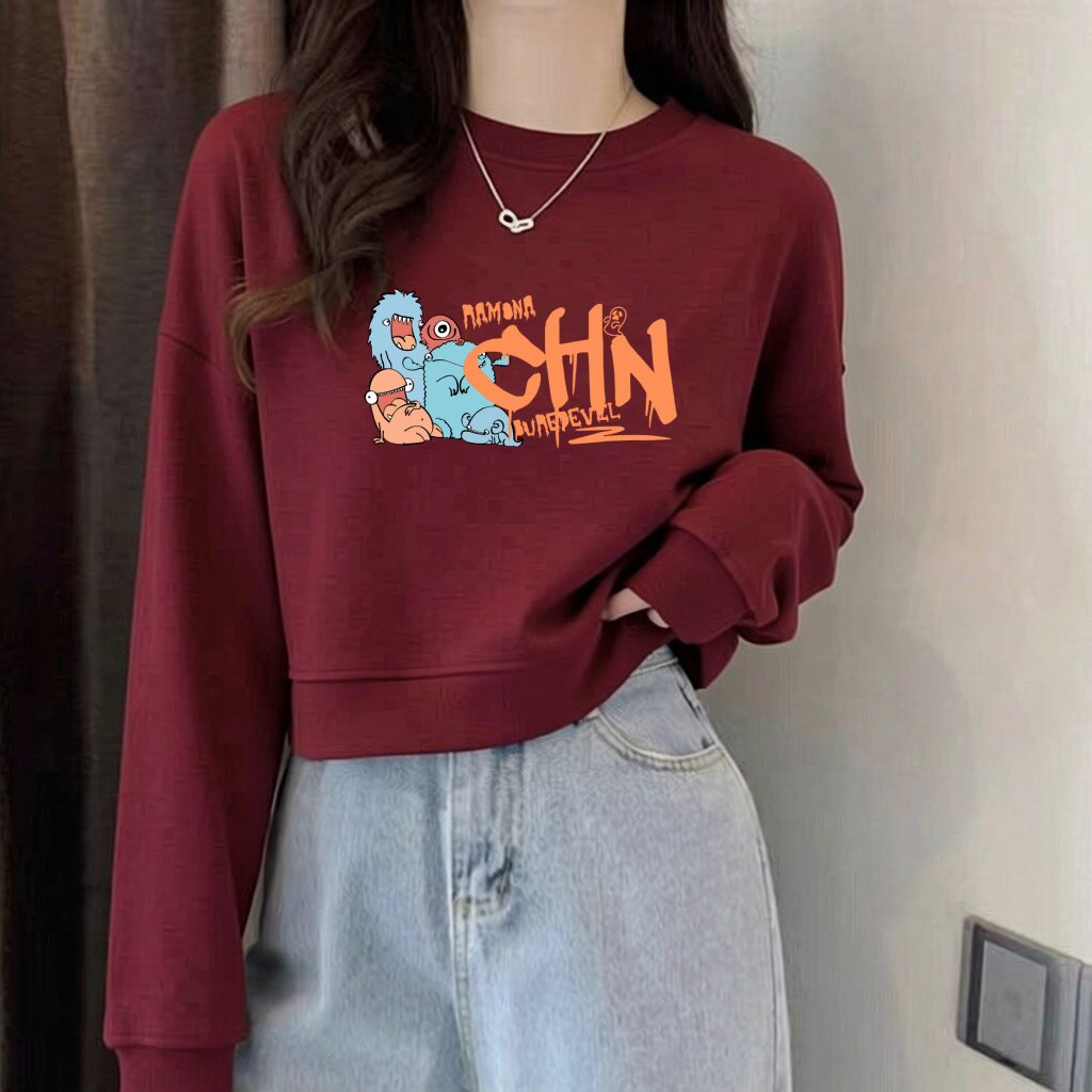 纯棉毛圈学院风卡通短款卫衣女