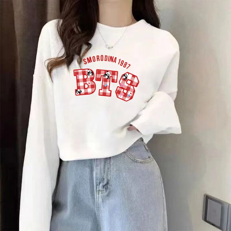 纯棉春秋韩式休闲风白色圆领卫衣女薄款宽松印花套头上衣韩系穿搭
