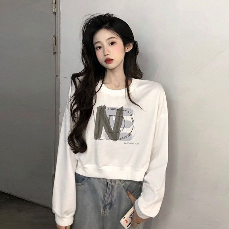 纯棉春秋薄款休闲风白色圆领套头卫衣女2026新款宽松印花长袖上衣