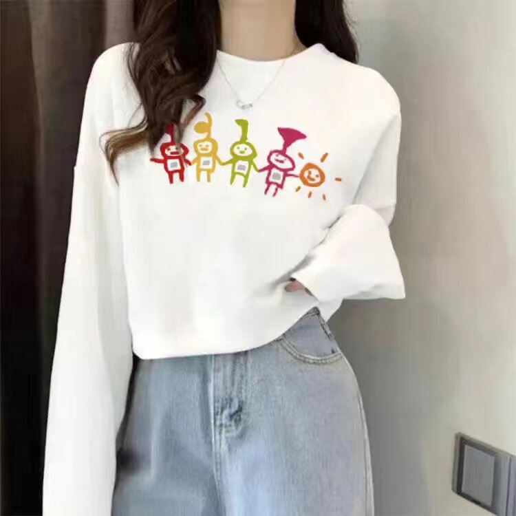 纯棉春秋薄款卡通印花圆领套头卫衣女长袖宽松显瘦休闲上衣百搭款