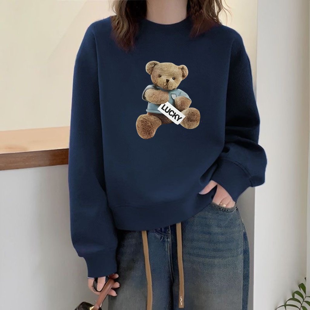 藏青色短款圆领卫衣女春秋款新款薄款宽松时尚洋气印花长袖上衣
