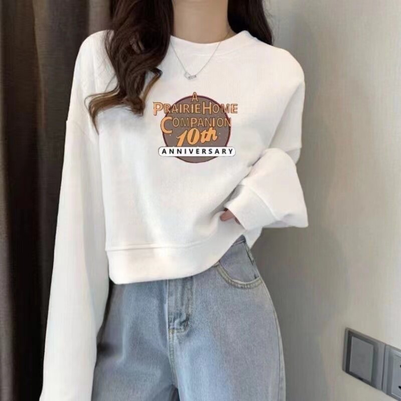 纯棉春秋白色圆领套头卫衣女短款薄款宽松小个子印花上衣百搭款