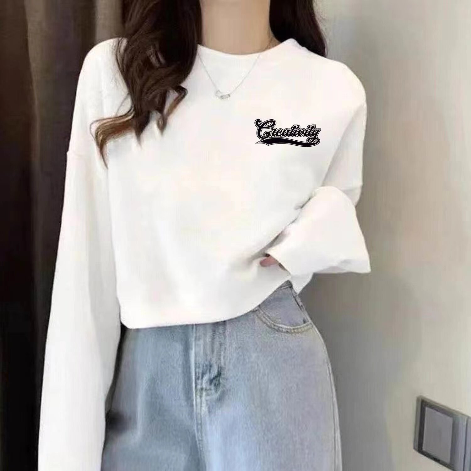 纯棉毛圈短款韩版宽松印花长袖卫衣女白色百搭显瘦上衣休闲风春秋