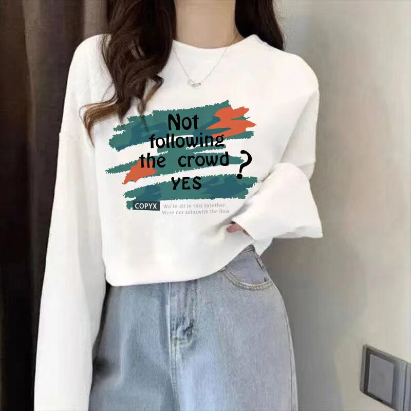 纯棉毛圈春秋设计感印花长袖卫衣女新款宽松薄款圆领套头显瘦上衣