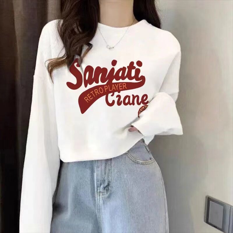 毛圈纯棉春秋休闲风字母印花圆领套头卫衣女长袖宽松显瘦短款上衣