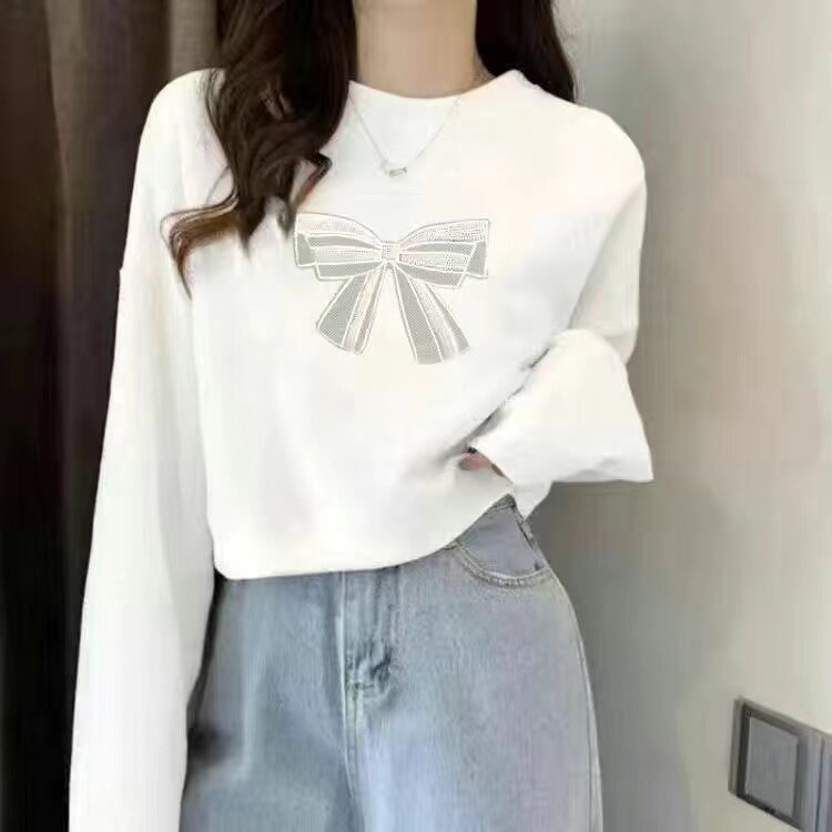 毛圈纯棉甜美蝴蝶结印花卫衣女白色圆领短款宽松小个子长袖上衣