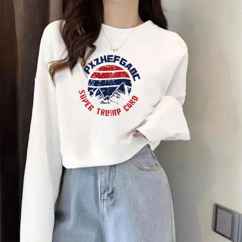 纯棉韩式休闲风薄款宽松圆领长袖短款卫衣女白色字母印花套头上衣
