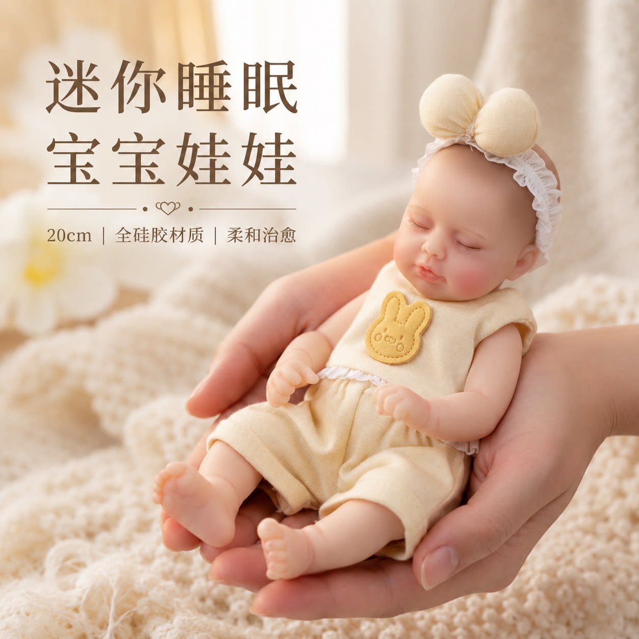 20cm全硅胶迷你重生娃娃闭眼睡眠婴儿娃娃黄色发带礼盒款收藏摆件