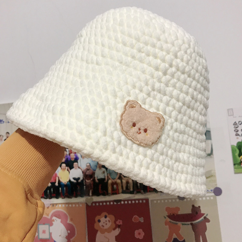 小熊渔夫帽织帽子粗针毛线手工编织帽子diy材料包儿童宝宝冰线条