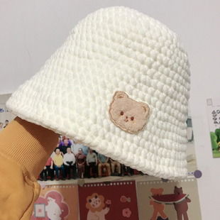 小熊渔夫帽织帽子粗针毛线手工编织帽子diy材料包儿童宝宝冰线条