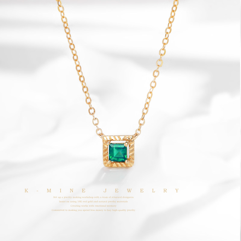 凯美珠宝天然祖母绿18K金项链女吊坠绿宝石小方糖钻石锁骨链正品