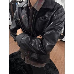 蜻蜓女人像超清油墨印花春秋皱纹路蜡面皮衣夹克男宽松棒球服PU皮