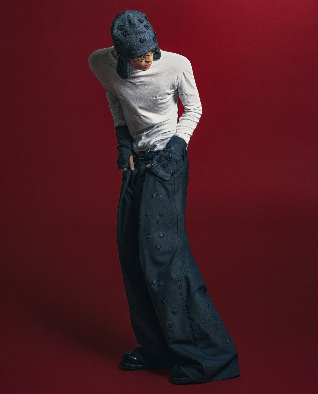 BADSON 'BUTTONS' PLEATED PANTS羊毛压花纽扣长裤