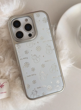 ins简约白色雪花kitty猫咪雪人适用苹果17ProMax手机壳iphone16Pro电镀鎏金银框14promax可爱15p韩系少女全包