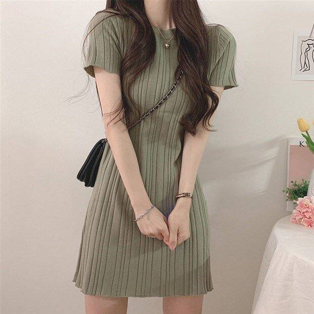 광저우 13줄 여성 인기 원피스 부드러운 바람 여름 아보카도 그린 니트 가벼움 성숙 감미로운 얼음 실크 스커트